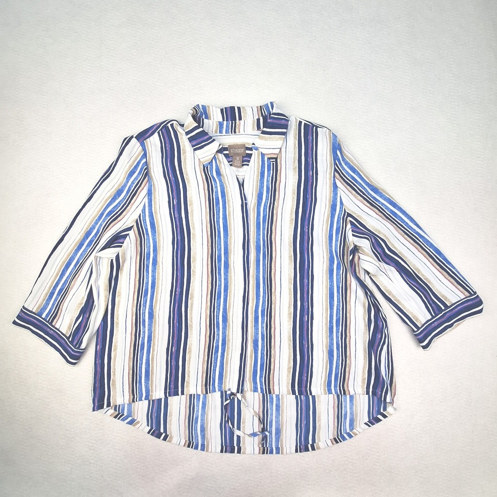 Chicos Top Womens XL Blue White Striped Button Down‎ Shirt Tie Front Coastal